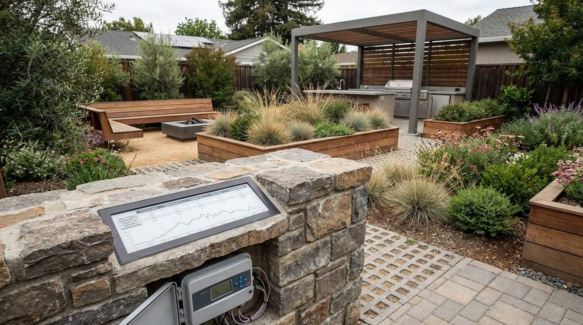 An illustration showing a contemporary garden with smart irrigation controllers and data charts displaying local evapotranspiration (ET) rates, including factors like temperature, humidity, wind, and solar radiation, to optimize watering schedules and eliminate guesswork.