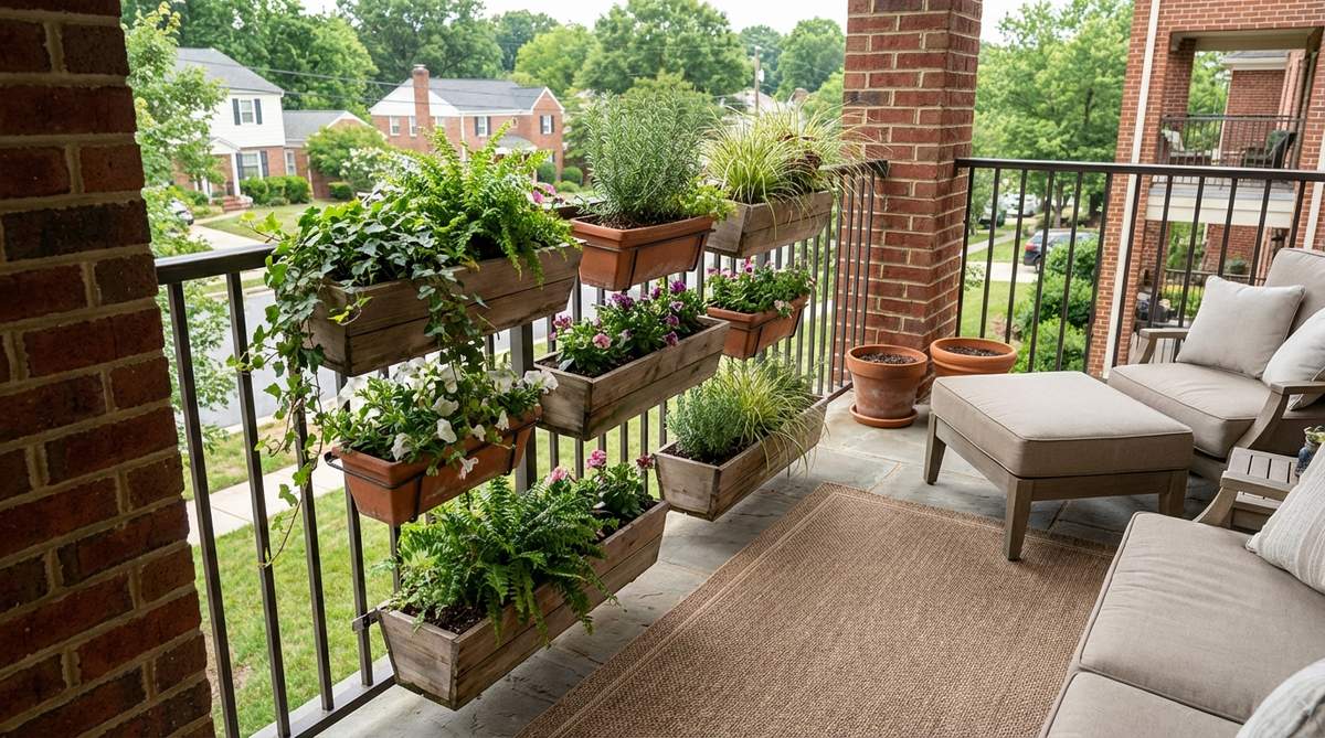 A vertical arrangement of graduated planters mounted on a balcony fence or wall, spaced 10 to 14 inches apart to create a tiered garden that saves floor space and accommodates mature plants.
