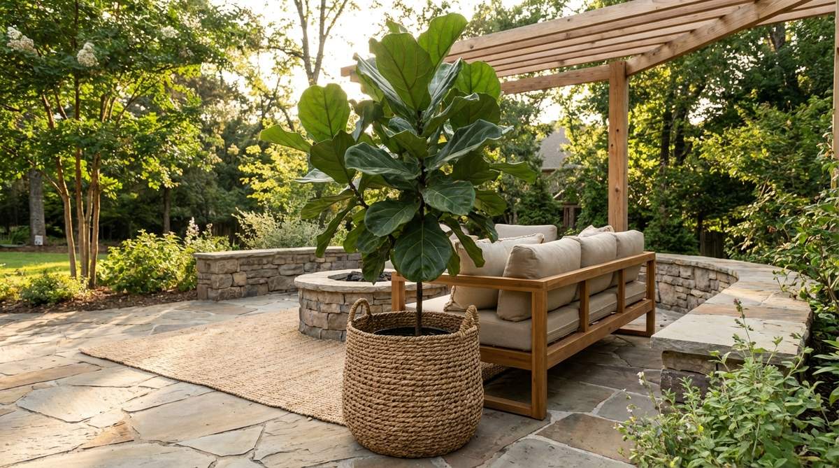 A large fiddle leaf fig plant in a woven basket planter, showcasing modern boho decor with organic architecture and natural textures for cohesive interior styling.