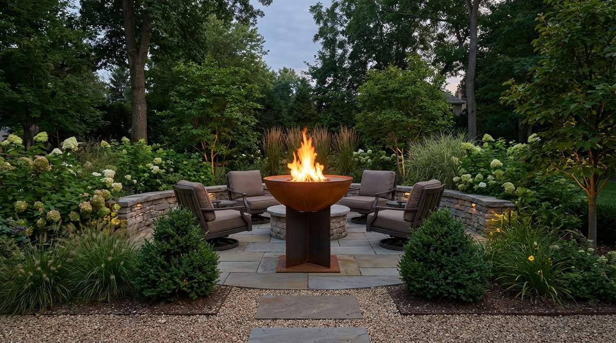 An elevated fire bowl on a pedestal base serves as a sculptural centerpiece in a cozy garden, providing tabletop-height flames that radiate warmth at seated guests' torso level. Made of copper or corten steel, the bowl develops a distinctive patina over time, adding character to the outdoor space. Using bioethanol fuel, this portable fire feature offers flexible placement without gas line requirements.