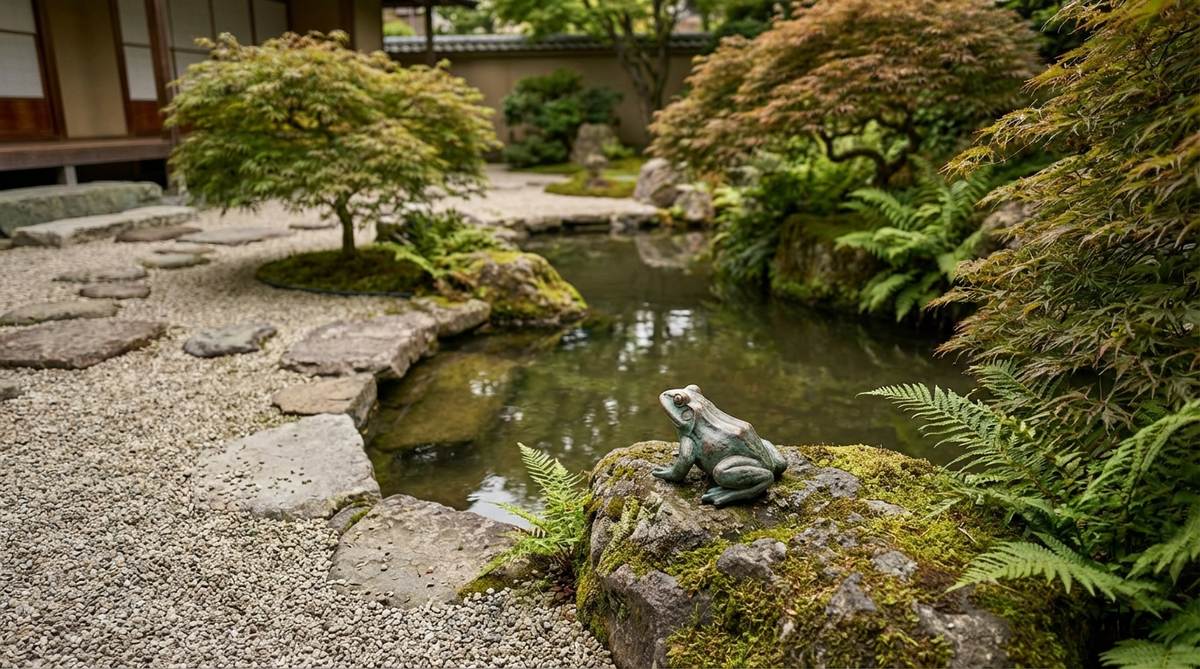 A small bronze frog sculpture representing transformation and adaptability, placed near a pond in a zen garden to add whimsy and auspicious connotations of abundance.
