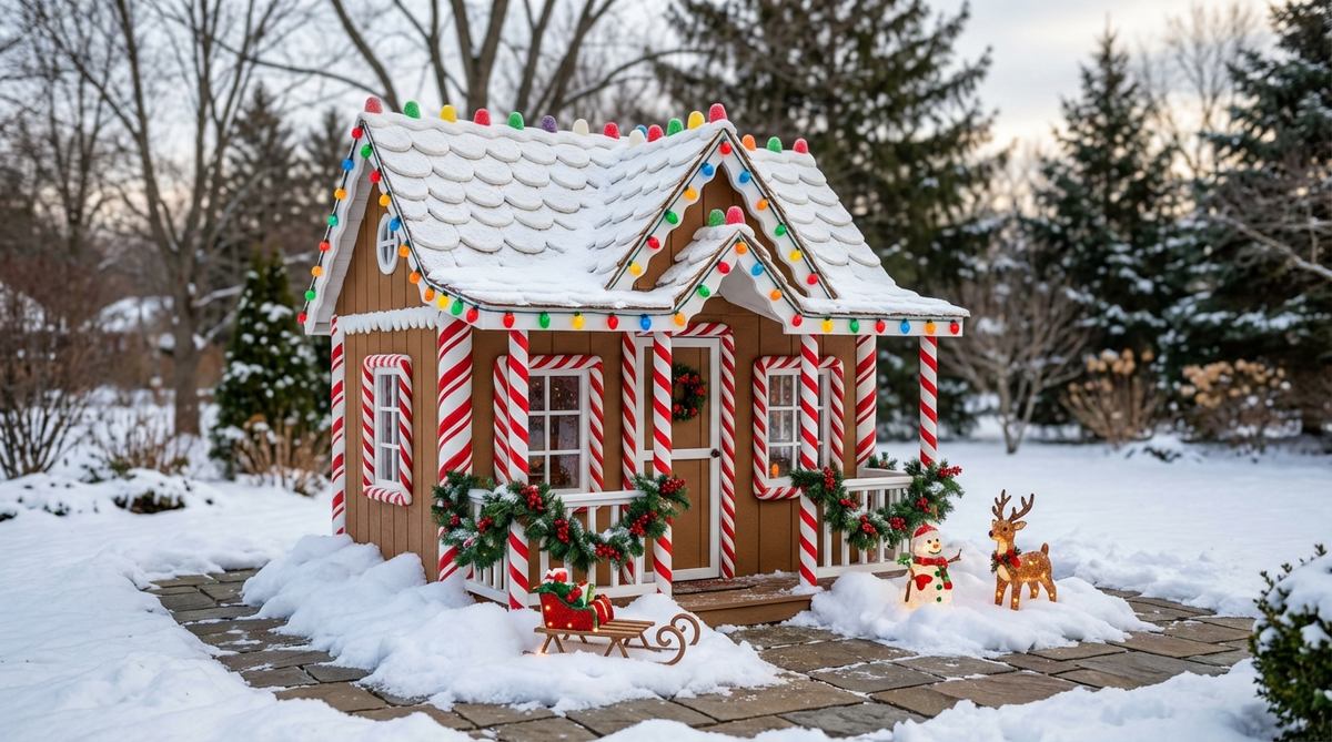 A whimsical miniature garden shed designed as a gingerbread candy cottage with frosting-textured roof shingles, gumdrop accents, peppermint stick columns, and candy cane trim. Perfect for creating Christmas magic in winter garden displays from Thanksgiving through New Year, surrounded by artificial snow and holiday decorations. This edible-looking holiday confection appeals to both children and adult collectors who appreciate detailed craftsmanship.