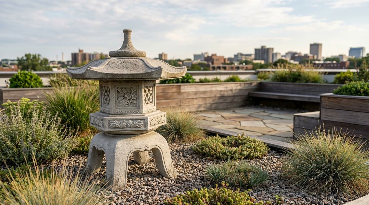 A lightweight GFRC Japanese garden lantern with intricate relief carving, demonstrating excellent strength-to-weight ratio suitable for rooftop gardens with load restrictions.
