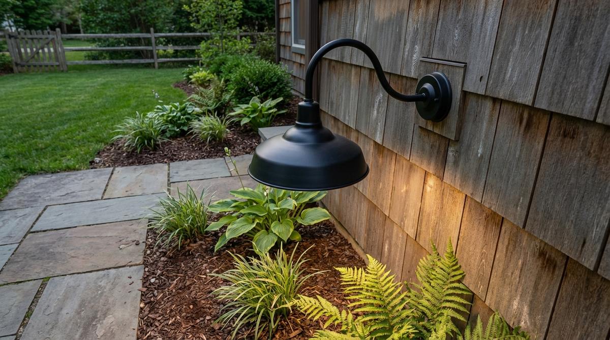 A gooseneck barn-style wall lamp with a curved metal arm extending from the wall, featuring an industrial-farmhouse aesthetic suitable for rustic or modern outdoor decor. Available in powder-coated finishes like matte black, galvanized silver, or copper patina, it provides downward-focused illumination for walkways and entry areas.