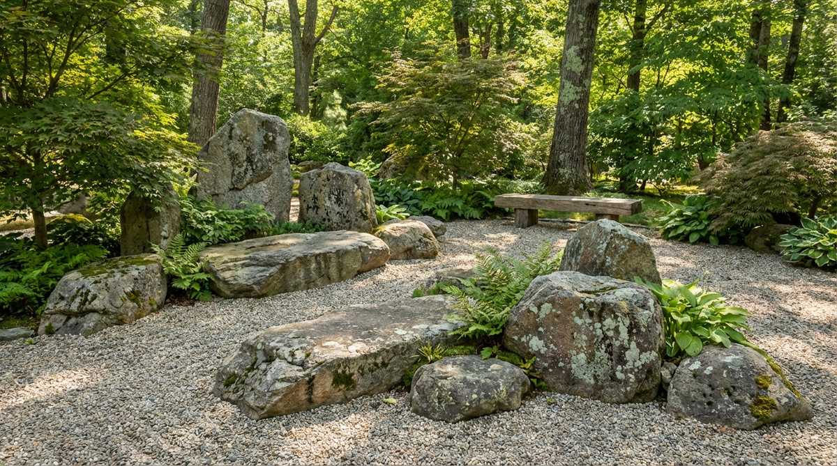 A natural arrangement of weathered granite fieldstones with speckled patterns and lichen growth, arranged in casual groupings that mimic geological formations. The stones are partially buried to create a sense of permanence, with their most attractive faces oriented toward primary viewing angles in a zen garden setting.