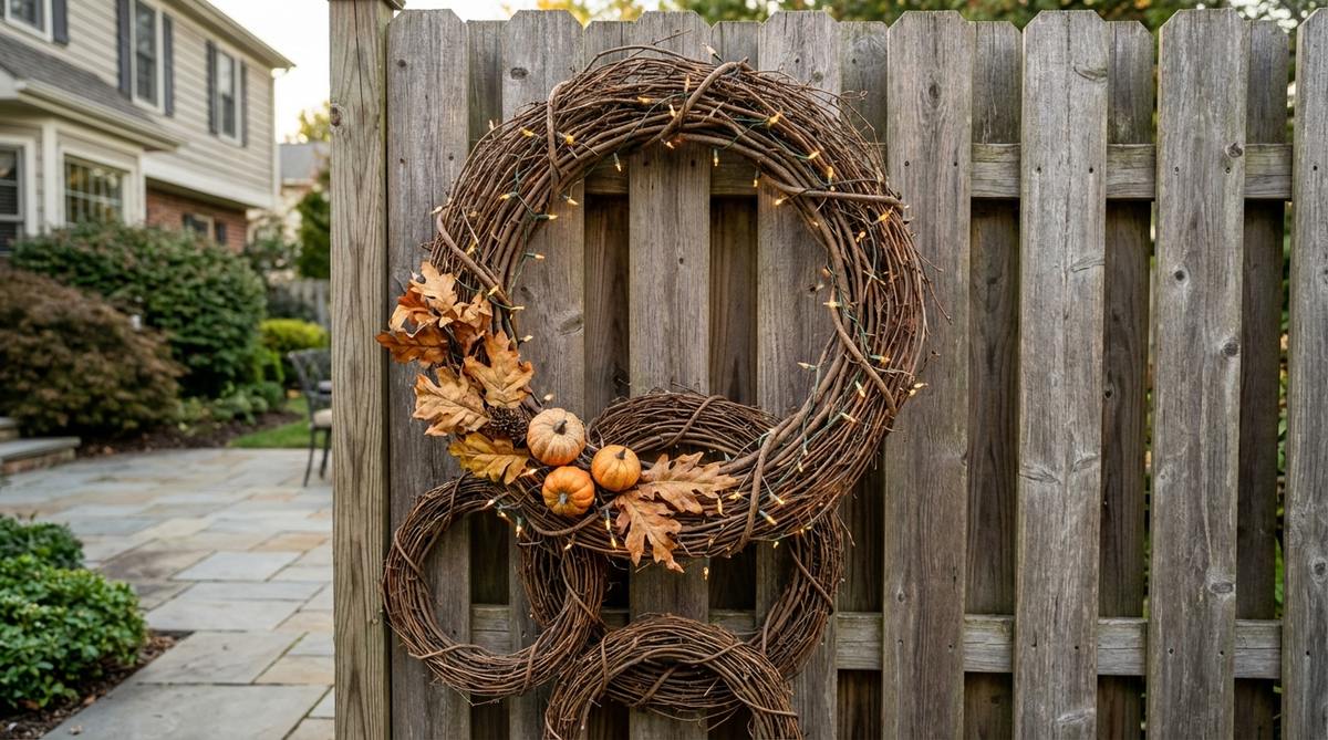 An oversized grapevine wreath mounted on a fence or wall, creating a circular frame for seasonal decorating. The natural twig construction provides texture and organic geometric shapes, perfect for vintage boho decor. It can be secured with outdoor command strips or hidden nails and refreshed with flowers, fairy lights, or ribbons. This lightweight accent adds vertical interest without permanent installation, ideal for layering multiple sizes in a gallery wall effect.
