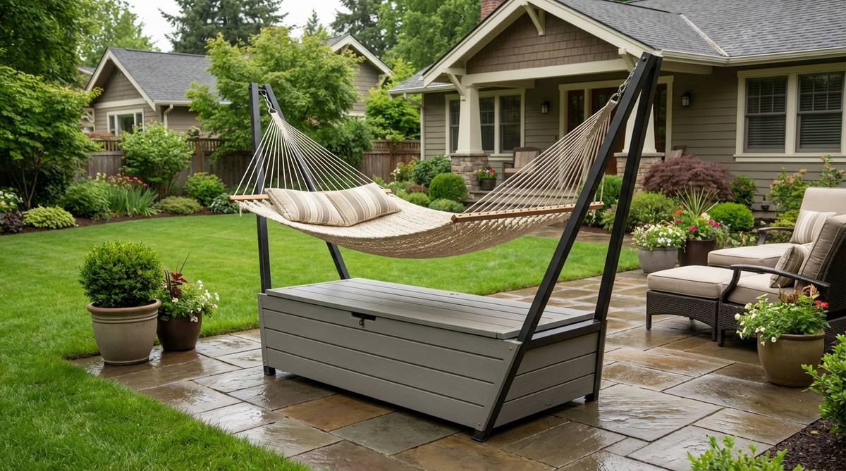 A freestanding hammock stand with a hollow base providing 40-50 gallons of weatherproof storage, featuring an A-frame design that fits compactly on patios for comfortable lounging.