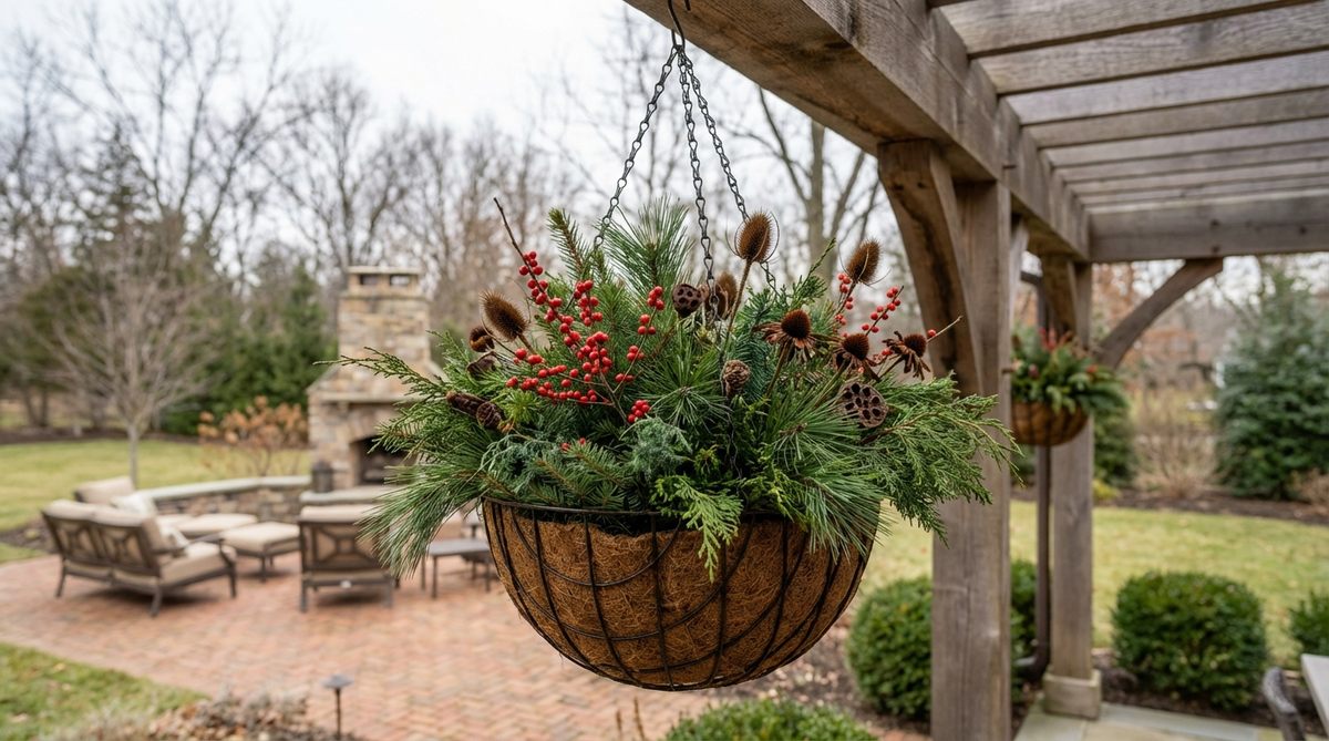 A wire hanging basket lined with coconut coir and filled with mixed evergreen boughs, winterberry stems, and dried seed heads for textural variation. Hung from porch ceiling or pergola beam with adjustable chains, showcasing winter greenery at eye level for outdoor decor.