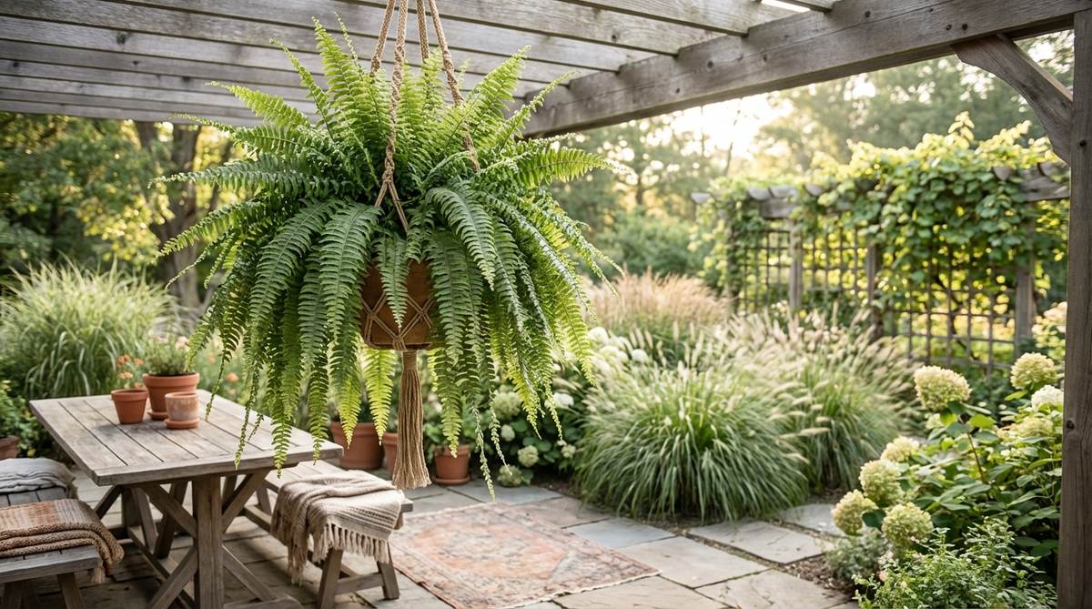 A lush hanging fern basket featuring Boston or maidenhair ferns in a macramé or wicker hanger, suspended from a pergola beam or shepherd's hook in a boho garden setting. The cascading fronds create soft, layered greenery that enhances the garden's aesthetic with a natural, relaxed vibe.