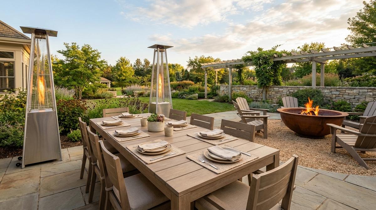 A contemporary garden table setup featuring patio heaters or fire pit tables adjacent to dining areas, designed to provide radiant heat for comfortable outdoor dining during spring and fall evenings. The image showcases sleek tower heaters for modern spaces and copper fire bowls for traditional settings, highlighting how these warming elements serve as gathering focal points after meals.