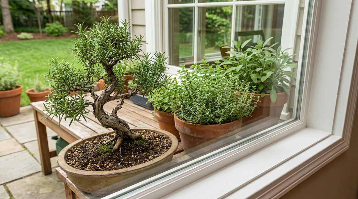 A serene and functional herb garden bonsai fusion featuring a Rosemary bonsai paired with culinary herbs like Thyme, Oregano, and Sage in adjacent containers. This ornamental setup is positioned near a kitchen window, providing fresh ingredients and natural fragrance for cooking spaces.