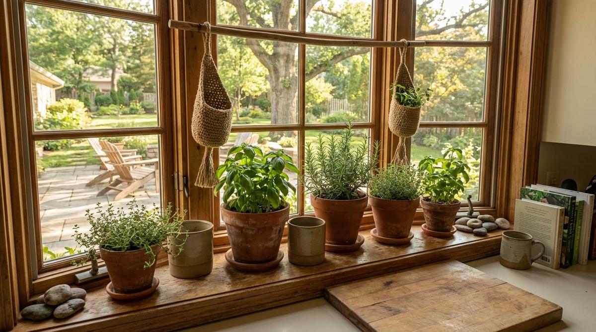 A collection of culinary herbs like basil, rosemary, and thyme growing in terracotta pots on a kitchen windowsill, blending functional gardening with earthy boho decor for a natural, accessible display.