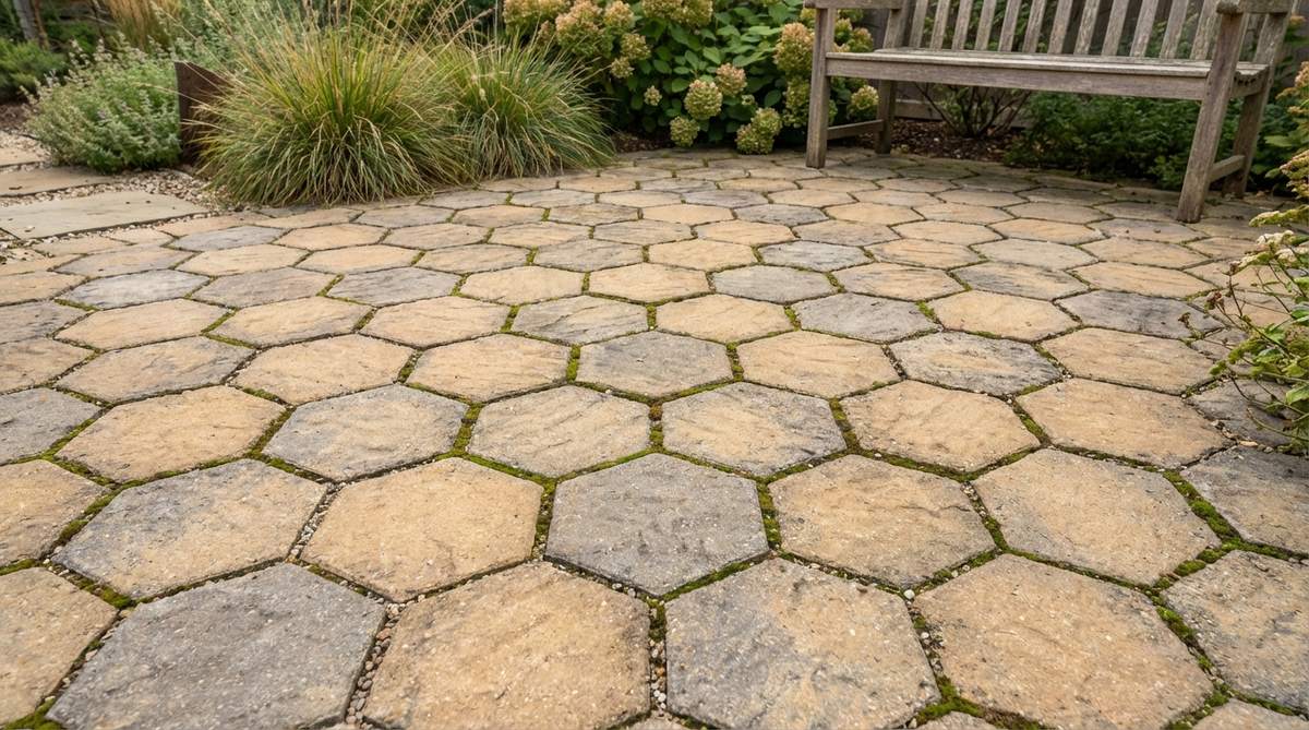 A close-up view of hexagonal pavers arranged in an interlocking honeycomb pattern on a small garden patio. The six-sided stone pavers create a geometric design that distributes weight evenly while providing contemporary visual appeal. The layout shows how each paver fits snugly against six neighbors, creating a seamless surface without long linear joints that could channel water. This design bridges modern and natural themes, offering both structural stability and aesthetic charm for outdoor spaces.