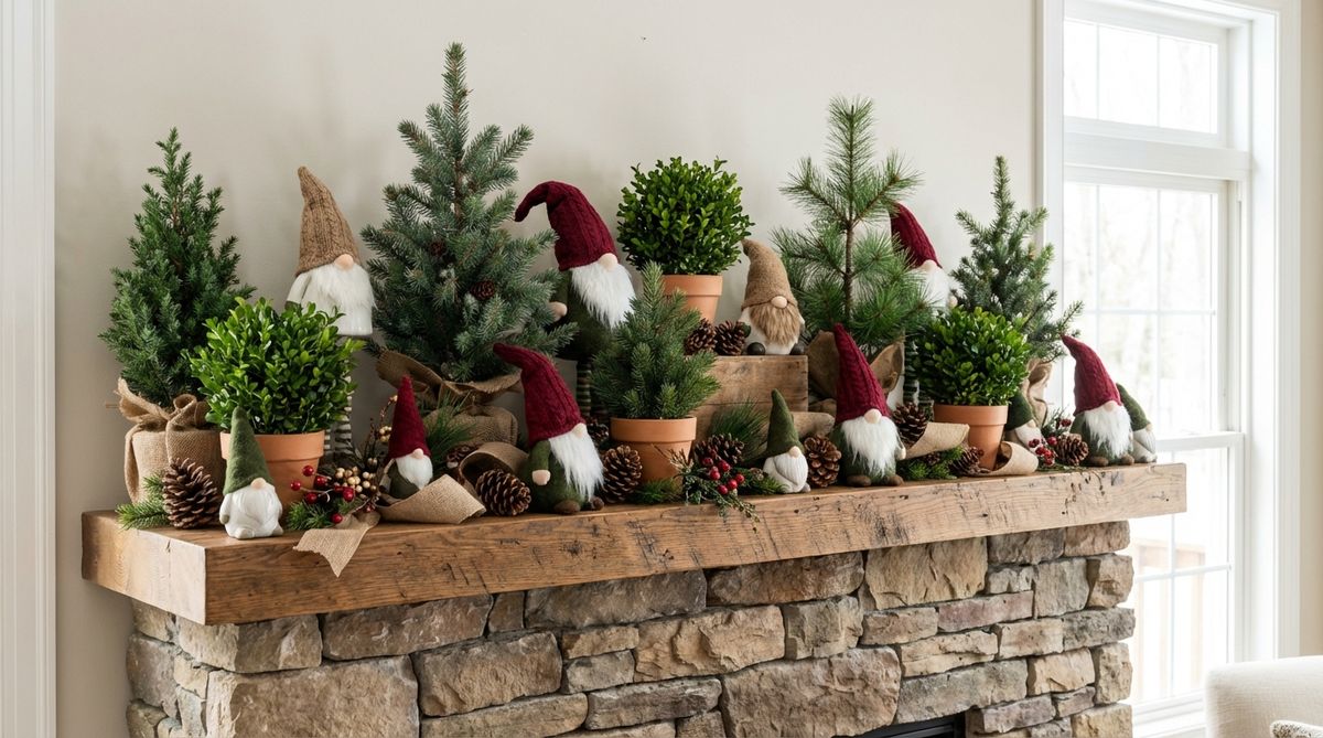 A festive indoor gnome forest display on a fireplace mantel featuring small potted evergreens and gnomes in winter hats, arranged with varied heights and clustered groupings for visual rhythm and natural seasonal decor.
