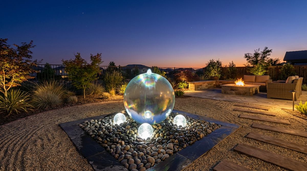 An illuminated glass ball fountain with LED-lit spheres where water wells over transparent surfaces, creating prismatic effects through light refraction. This modern water feature enhances the evening atmosphere in a zen garden, combining contemporary aesthetics with traditional benefits.