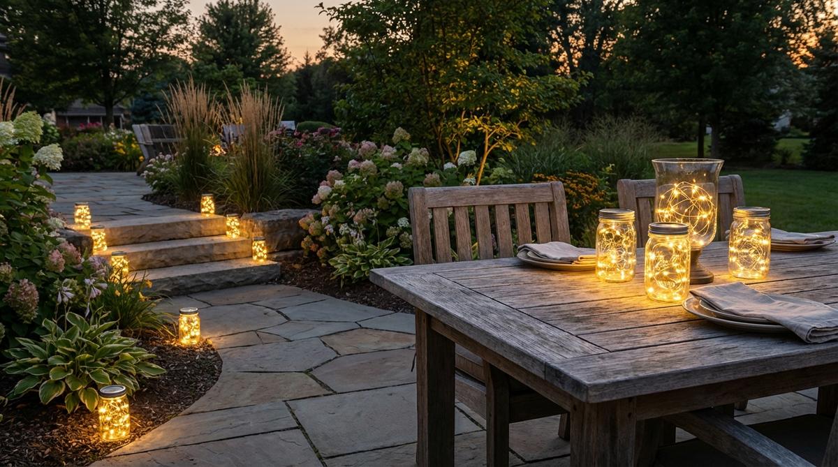 Mason jars or hurricane glasses filled with LED fairy lights create beautiful tabletop and hanging lanterns for garden decor. These portable lights can be clustered in groups of three at varying heights for dimensional tablescapes, or placed along steps and pathway edges to provide soft, diffused illumination.