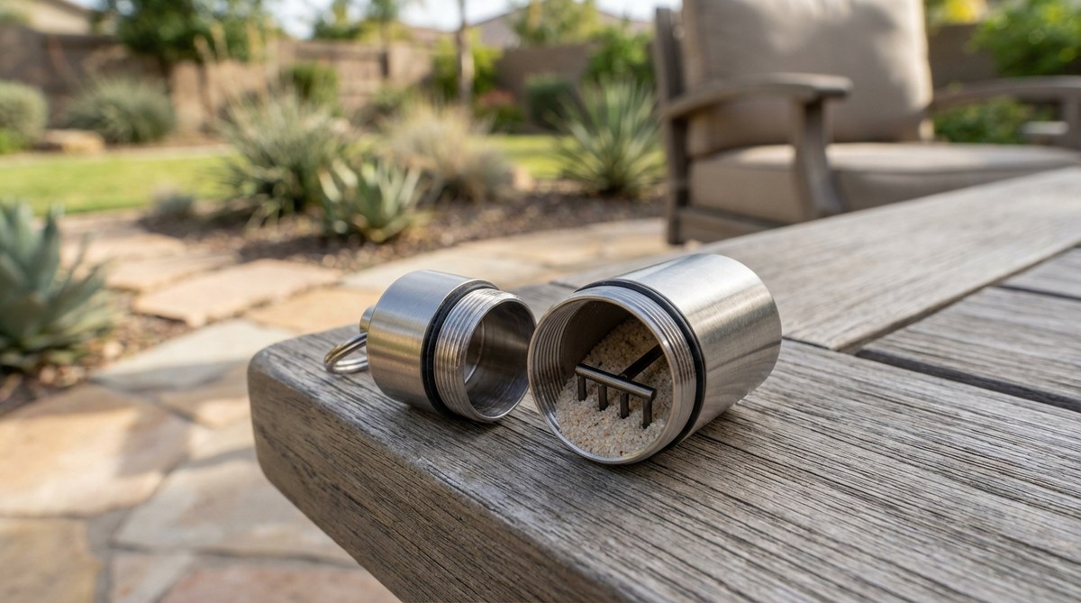 A one-inch diameter capsule keychain micro garden with a screw-off cap, revealing a miniature sand chamber and embedded rake prongs for tactile meditation and stress reduction during commutes or waiting rooms.