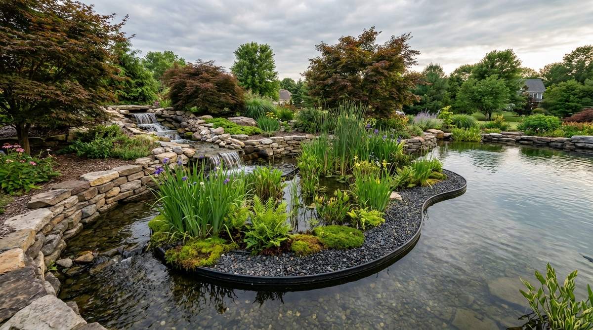 A kidney-shaped wetland filter positioned midstream between a main pond and waterfall, featuring dense plant growth and gravel substrate for integrated biological and mechanical filtration in a naturalistic Japanese garden setting.