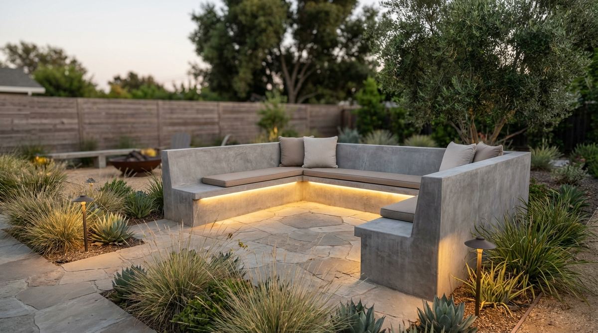 Two concrete benches arranged at right angles to form an L-shaped seating area in a modern garden. The configuration creates intimate conversational corners with ergonomic 18-inch seat depths and heights, featuring optional back supports, cushions, and integrated lighting for ambient glow.