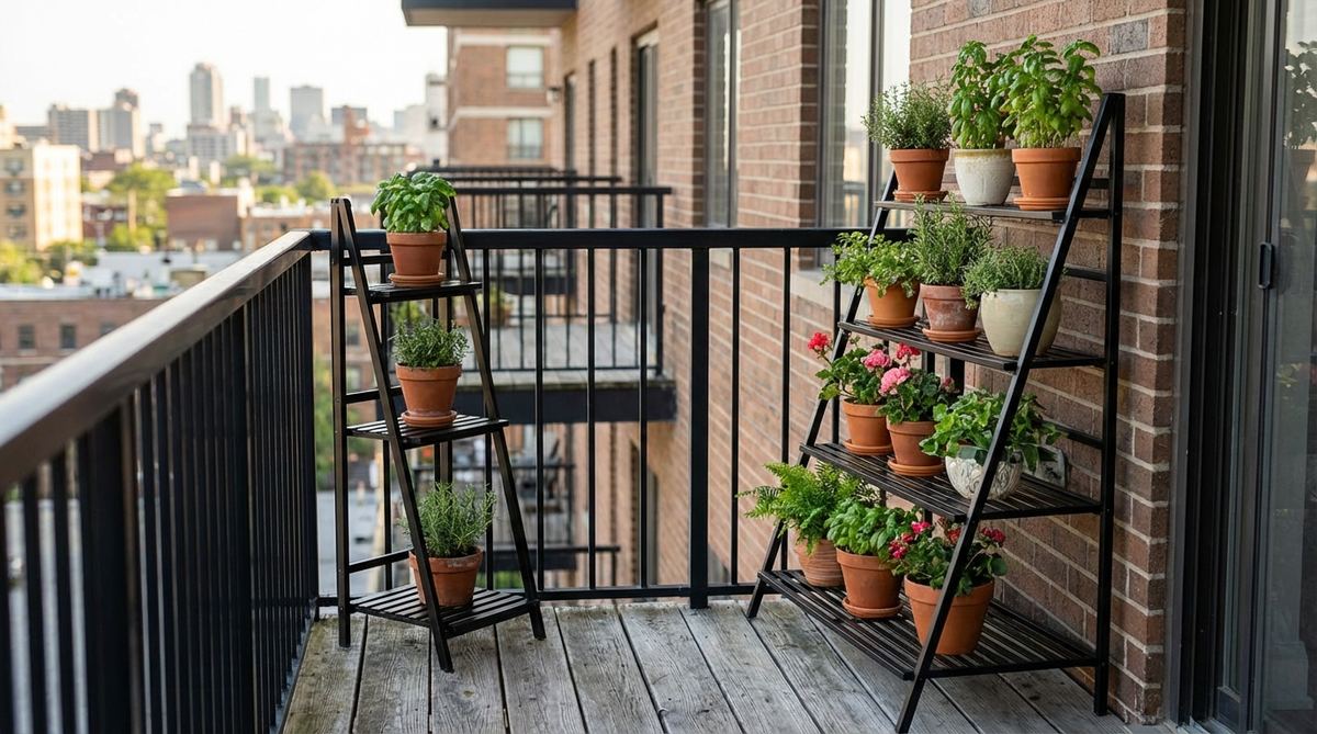 A five-tier ladder plant stand with slatted shelves, designed for urban balconies. It displays 8-12 potted plants in a vertical arrangement, occupies minimal floor space under 24x36 inches, and features metal construction supporting 30-50 pounds per shelf. The shelves promote air circulation and drainage, and the stand is foldable for storage, available in black, white, or bronze powder-coated finishes.