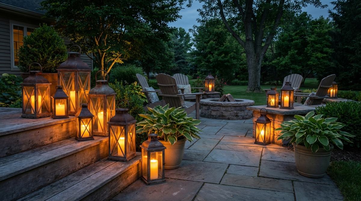 A cozy small garden backyard scene featuring grouped lanterns arranged on tables and steps, creating intimate pools of light. The portable fixtures are set in an odd-numbered mix of sizes and heights, with LED candles providing safe, long-lasting illumination and realistic flicker effects for flexible arrangements.
