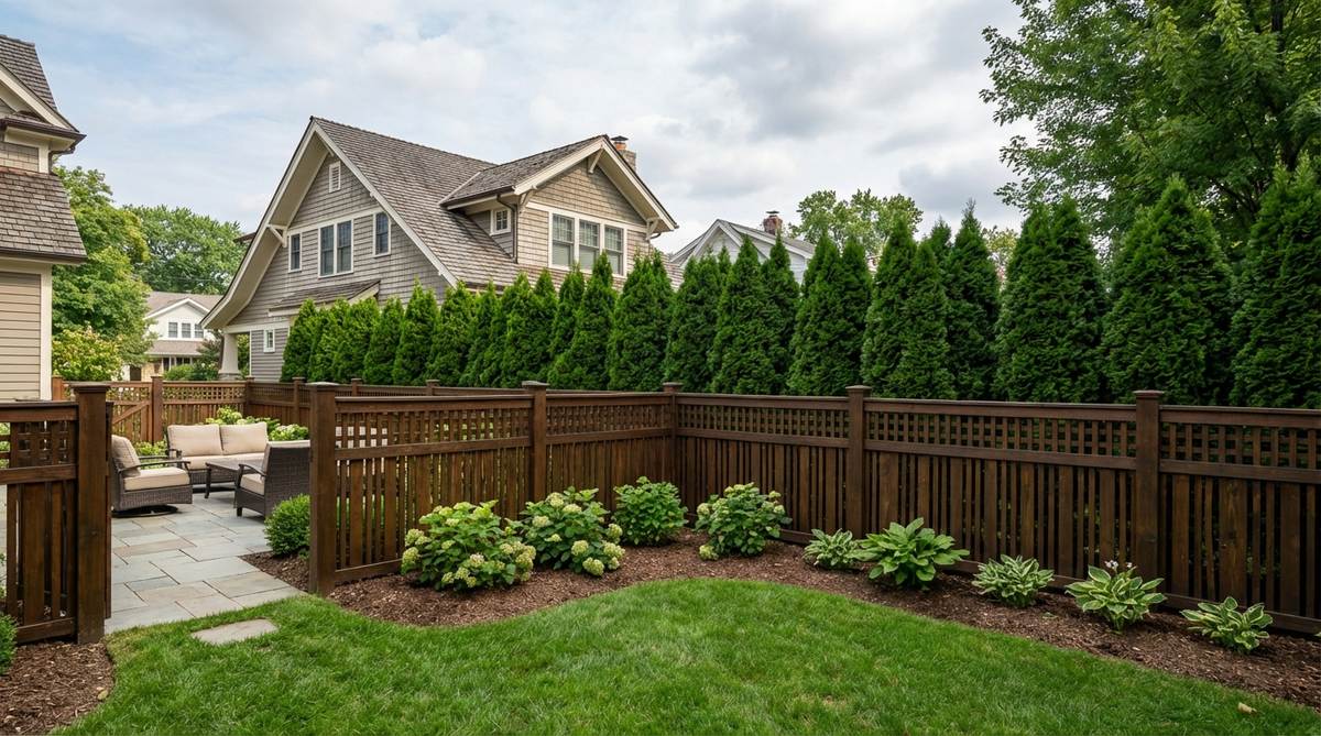 A garden decor fence design showing a 4-foot decorative fence combined with 6-foot evergreen hedges planted behind it, creating a layered privacy system with arborvitae or Leyland cypress shrubs. This approach provides immediate screening while allowing hedges to mature over seasons, ideal for pet containment and visual appeal.