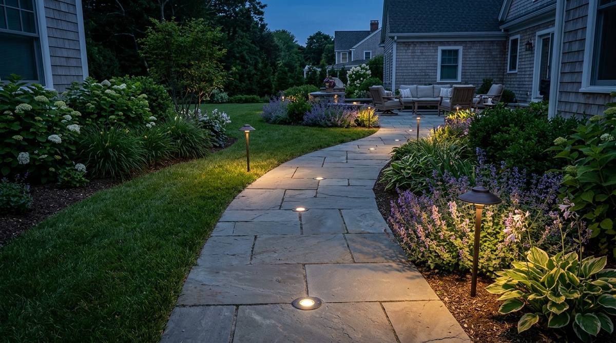Low-voltage LED lights set flush with paving stones along a garden pathway, providing subtle illumination without glare. Solar-powered markers spaced every six to eight feet guide movement through the courtyard with warm light that complements surrounding plants.