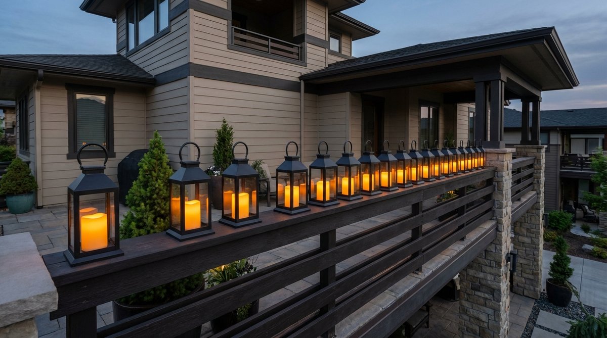 A precise arrangement of identical black lanterns in a linear row along a balcony railing, each housing flickering LED candles that create sequential illumination patterns, showcasing formal design principles for Halloween decor on contemporary architecture.