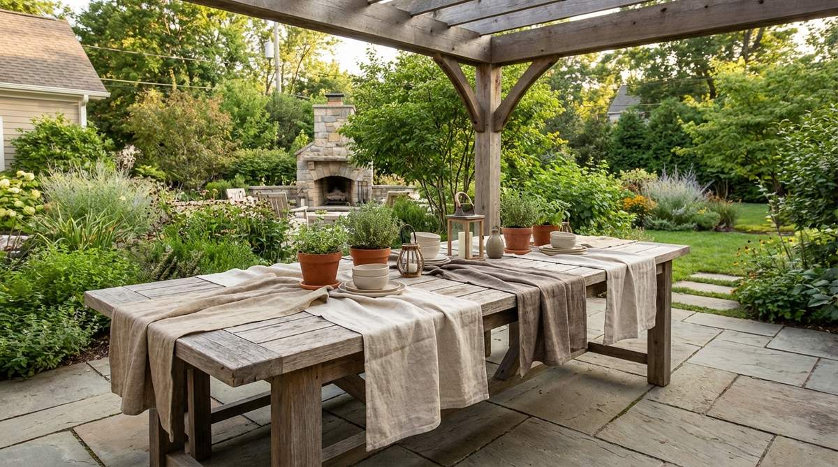 Natural linen table runners in undyed beige and earth tones arranged at casual angles on a wooden table, showcasing the fabric's loose weave and relaxed texture for bohemian party decorations.