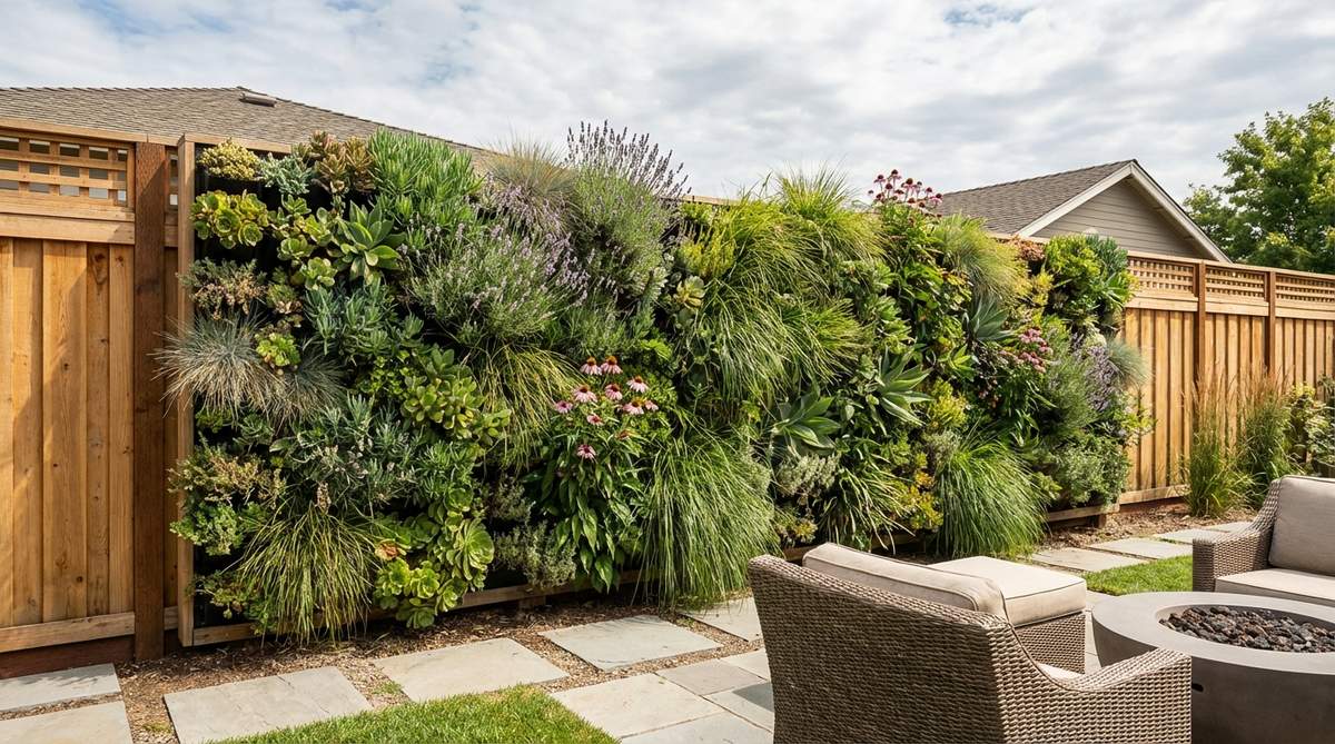 A vertical garden structure combining fence framing with integrated planting pockets, featuring drought-tolerant perennials that provide privacy, pollinator habitat, and air quality improvement. This advanced garden design technique creates stunning verdant walls that evolve seasonally.