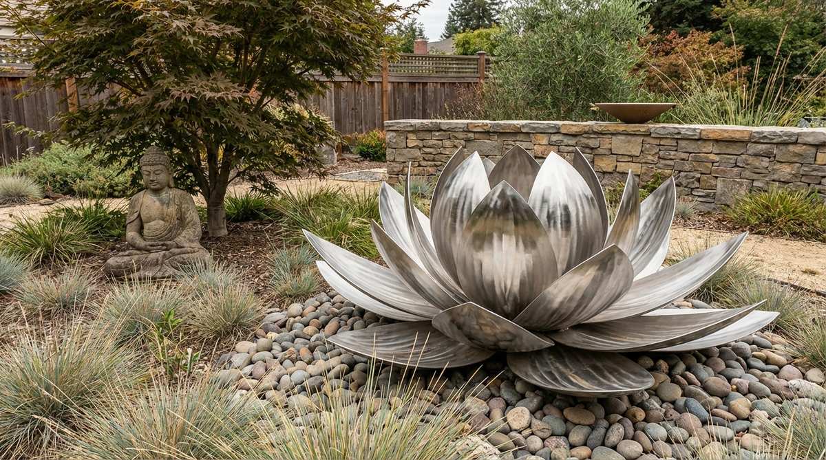 A stylized metal or stone lotus flower sculpture symbolizing purity and enlightenment, with layered petals for dimensional interest. Suitable for floating in ponds, mounting on walls, or integrating into dry gardens, with stainless steel versions reflecting water and light. Diameters range from 12-30 inches, pairing naturally with Buddha statues and Asian garden elements.