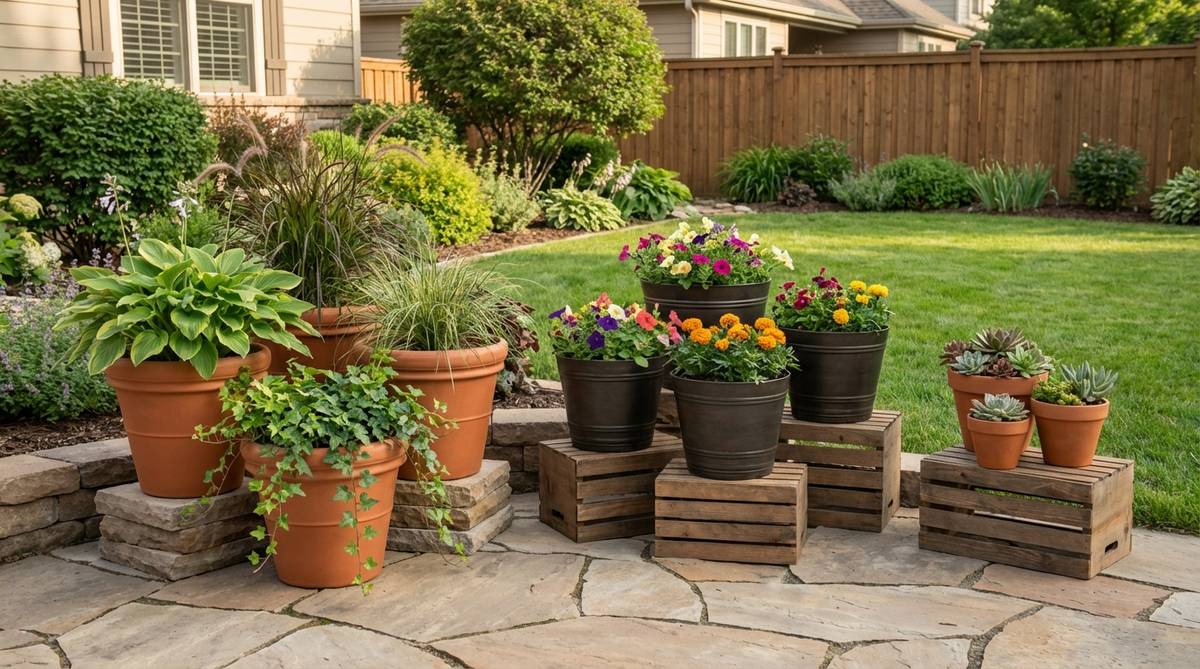 A garden decoration arrangement featuring matched container collections in graduated sizes, showing odd-numbered groupings of identical vessels with varied planting schemes and staggered heights using inverted pots or risers.