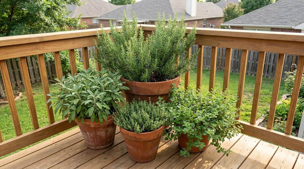 A collection of Mediterranean herbs including rosemary, sage, thyme, and oregano planted in terracotta pots, ideal for balcony decor with drought-tolerant and low-maintenance care.