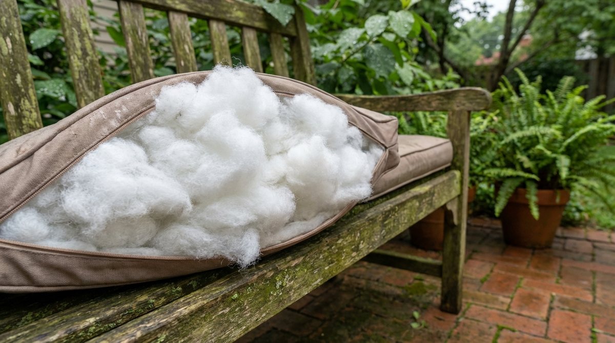 Close-up of antimicrobial polyester fill used in outdoor decor pillows, showing how it prevents mold and mildew growth in humid conditions without requiring special maintenance.