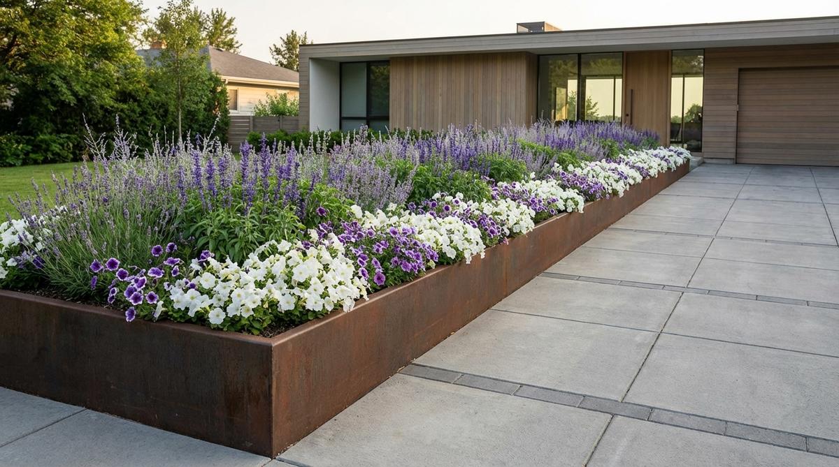 A raised strip garden bed overflowing with flowers in a single color palette of white, purple, or red, edged with metal, stone, or wood, creating a serene and sophisticated look along a driveway or walkway. Ideal for modern or minimalist architecture.