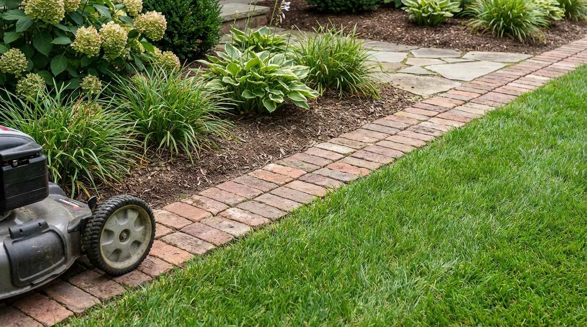 A close-up photo showing brick borders installed flush with lawn grade to create a functional mowing strip. The image demonstrates how the brick width accommodates mower wheels, allowing blades to reach grass edges without trimming. The bricks are set slightly below grass height to prevent scalping, and the border width matches typical mower deck overhang. This garden design solution reduces maintenance time by eliminating the need for string trimmer work around edges.
