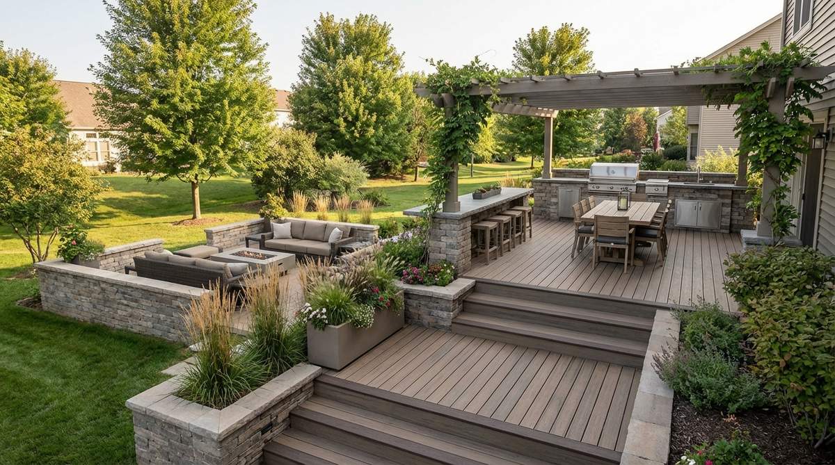 A multi-tier deck design with designated functional zones for outdoor patio decor. The deck features two or three levels separated by step transitions, with each tier serving specific purposes: upper level for dining, mid-level as a transition or bar area, and lower level for lounging. The vertical separation creates natural spatial definition without physical dividers, while built-in planters or low walls edge each tier for safety and visual interest. This design works well on sloped properties, utilizing elevation changes to define functional zones intuitively.