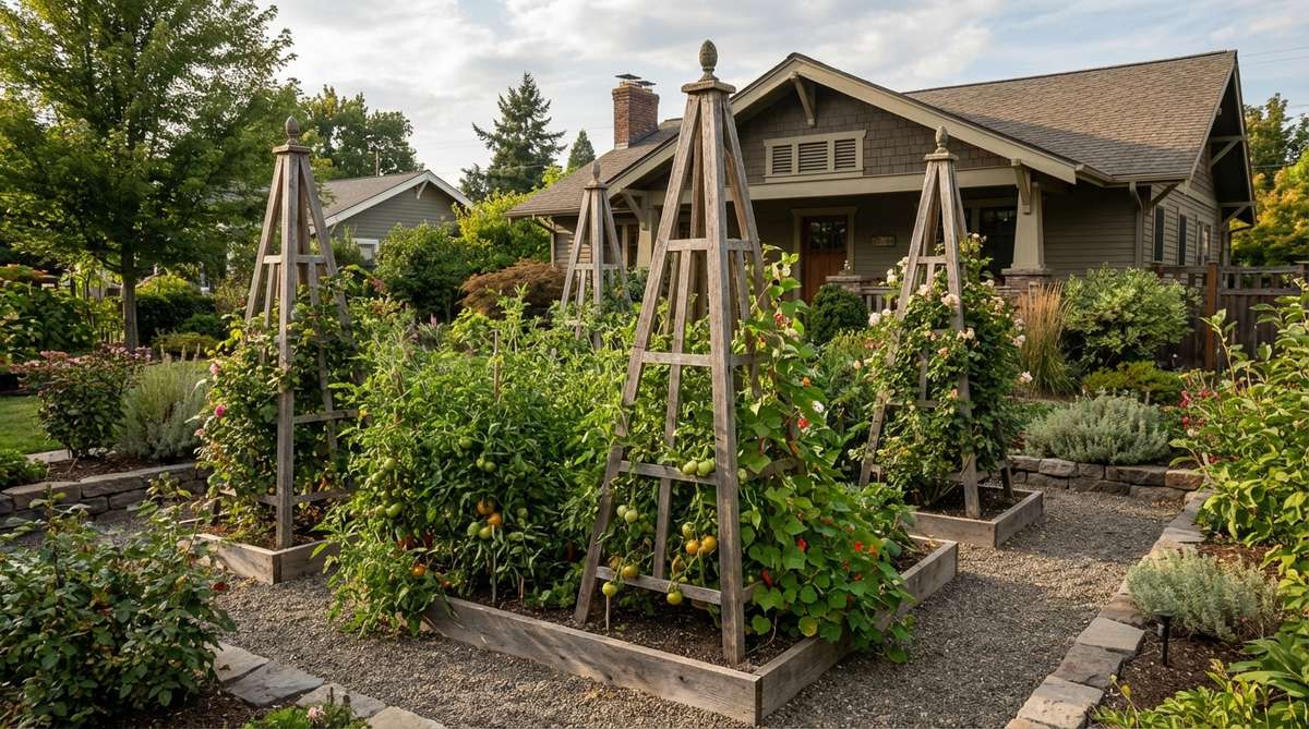 Four-sided pyramidal trellises rising 6-8 feet from garden bed centers, supporting indeterminate tomatoes, runner beans, or flowering vines while creating dramatic vertical focal points with minimal shading.
