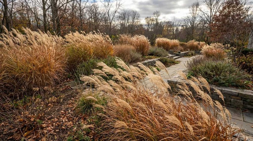 A sweeping view of ornamental grasses like Miscanthus and Panicum creating rhythmic waves and texture in a garden landscape, with wind movement and dried winter forms adding seasonal interest.