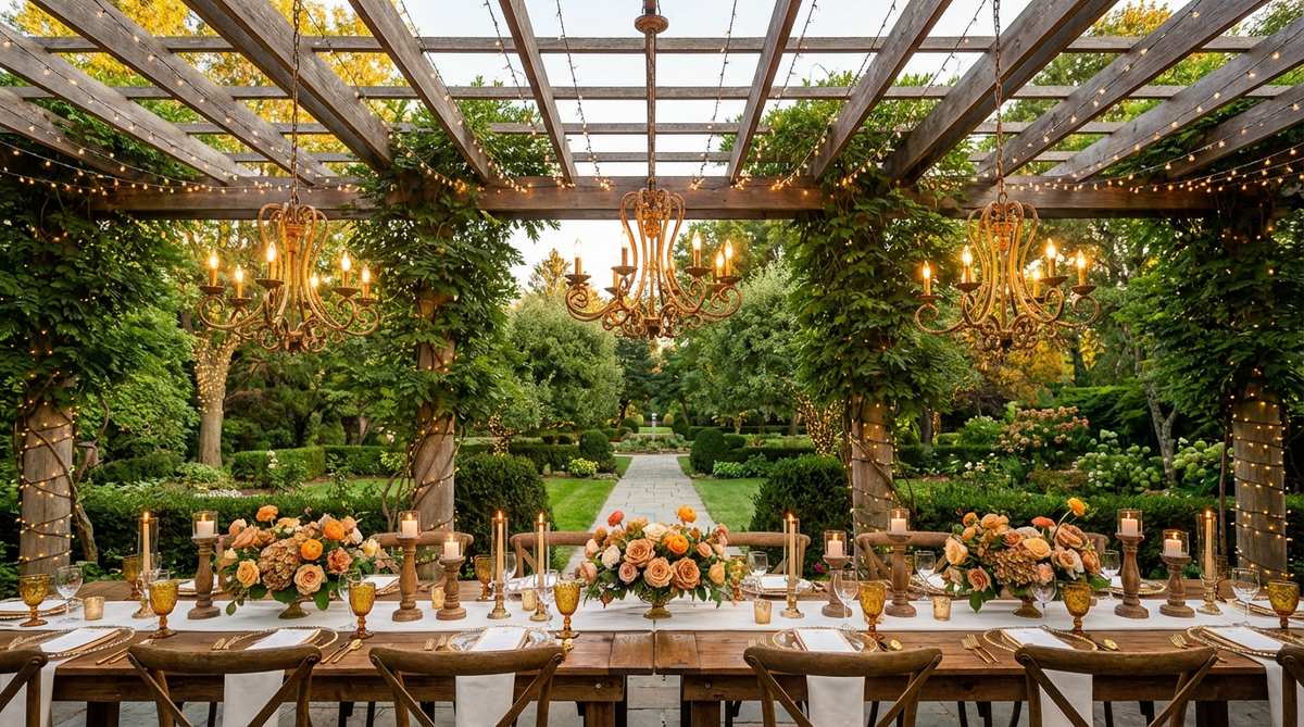 Gilded chandeliers suspended above banquet tables create opulent contrast in natural outdoor wedding settings. The metallic gold finish catches and reflects candlelight and string lights, complementing warm-toned flowers and wood elements common in garden wedding palettes.