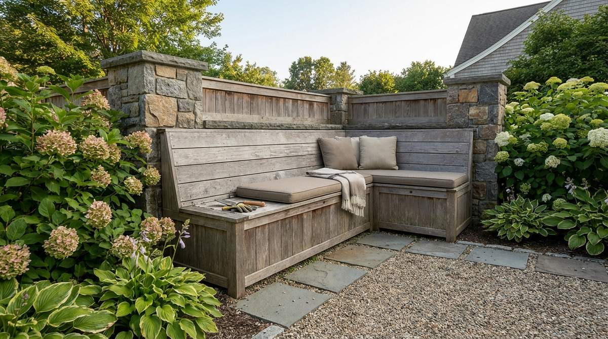 A storage ottoman placed in a garden corner, serving as a footrest with a lift-top for hidden storage of outdoor cushions or supplies.