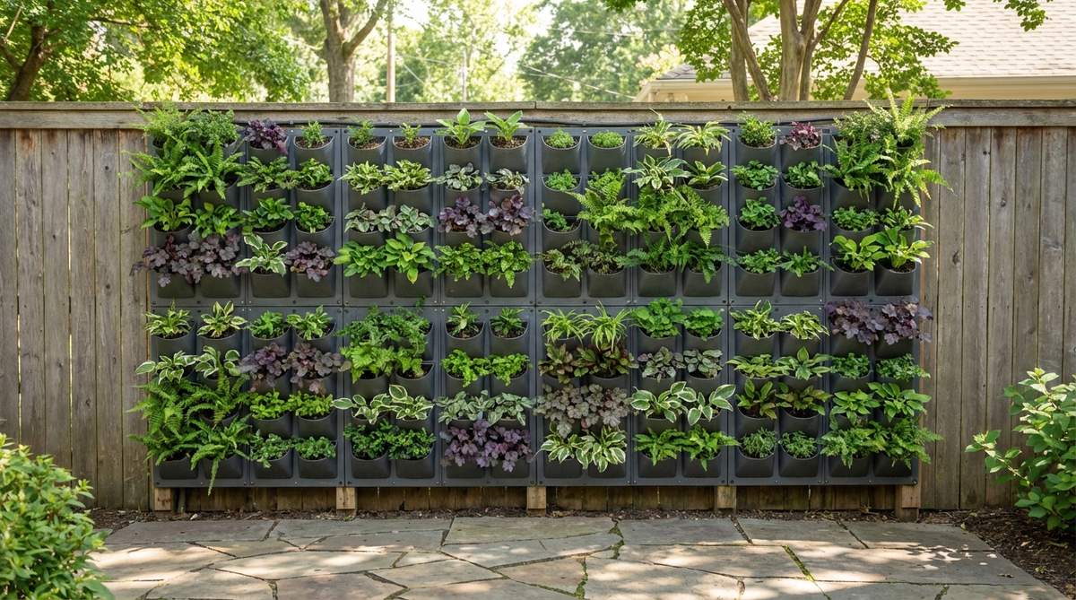 A lush green wall created with panel systems featuring dozens of planting pockets arranged in grid patterns. The system uses French cleat mounting and integrated drip irrigation for easy maintenance and automated watering, allowing for varied plant selections to create living tapestries with color and texture contrasts.
