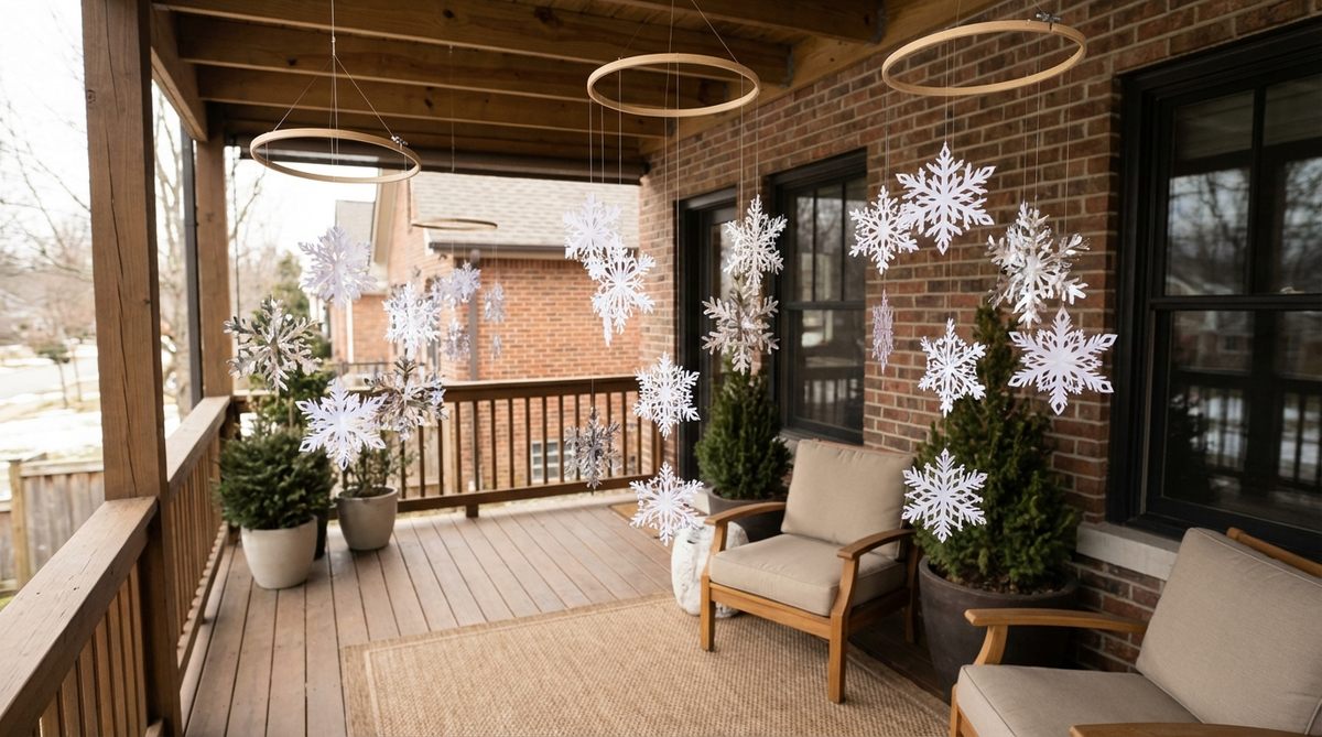 A delicate and crafted paper snowflake mobile cluster, perfect for balcony Christmas decor. Hand-cut or purchased white or metallic snowflakes are suspended in varied lengths from embroidery hoop frames, creating a lightweight and damage-free installation ideal for renters. This charming decoration adds visual contrast against ceiling surfaces, enhancing the festive atmosphere.