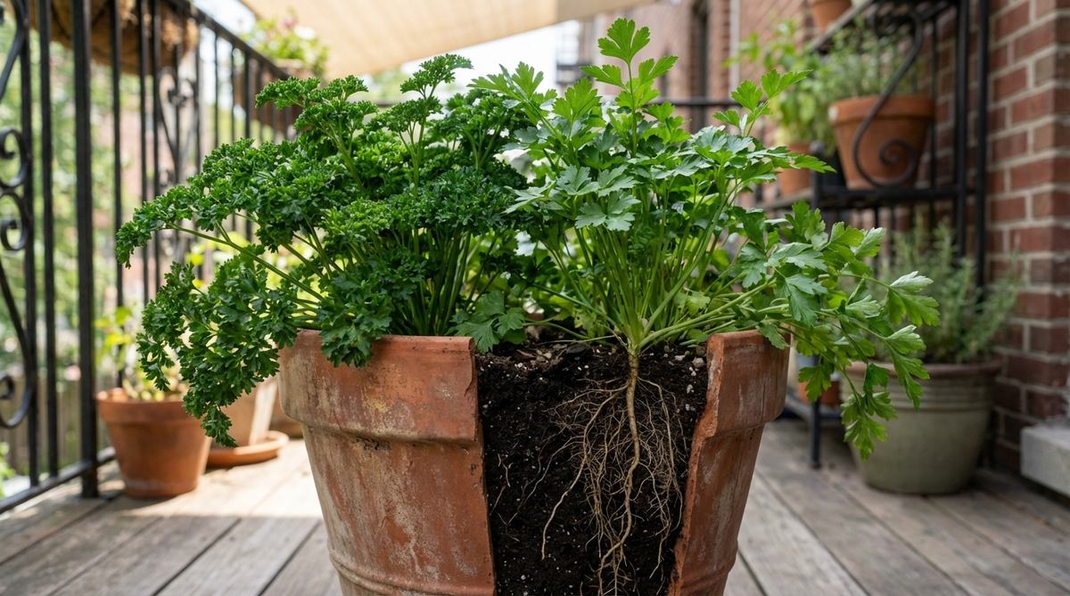 A close-up image of curly and flat-leaf parsley thriving in a container on an urban balcony, showcasing its lush green leaves and deep taproot system in partial shade conditions.