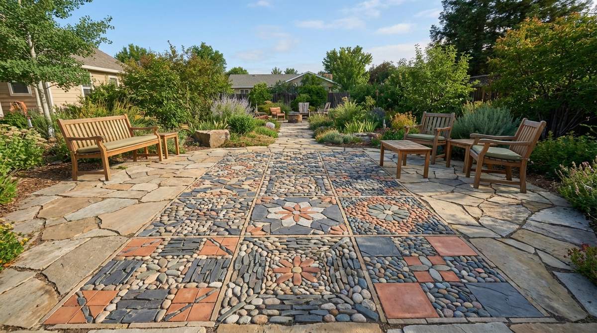 A stone garden mosaic featuring a patchwork squares eclectic design, with grid layouts of unique patterns in each square to create a quilt-like composition. This approach offers maximum creative flexibility, showcasing different stone arrangements, colors, or materials while maintaining a unified scale. Ideal for collaborative family installations and suitable for both small accent areas and larger patio installations.