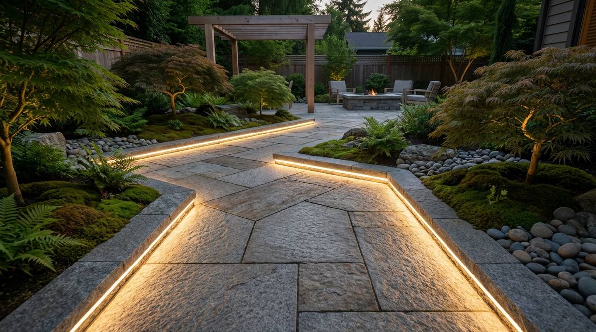 A modern Japanese garden pathway illuminated by recessed LED strip lighting along the edges. The low-level horizontal light grazes the surface, providing subtle guidance without visible fixtures or glare. The lighting is installed in weatherproof channels flush with the paving edges, creating a clean, minimalist aesthetic that enhances safety while maintaining the garden's tranquil atmosphere.