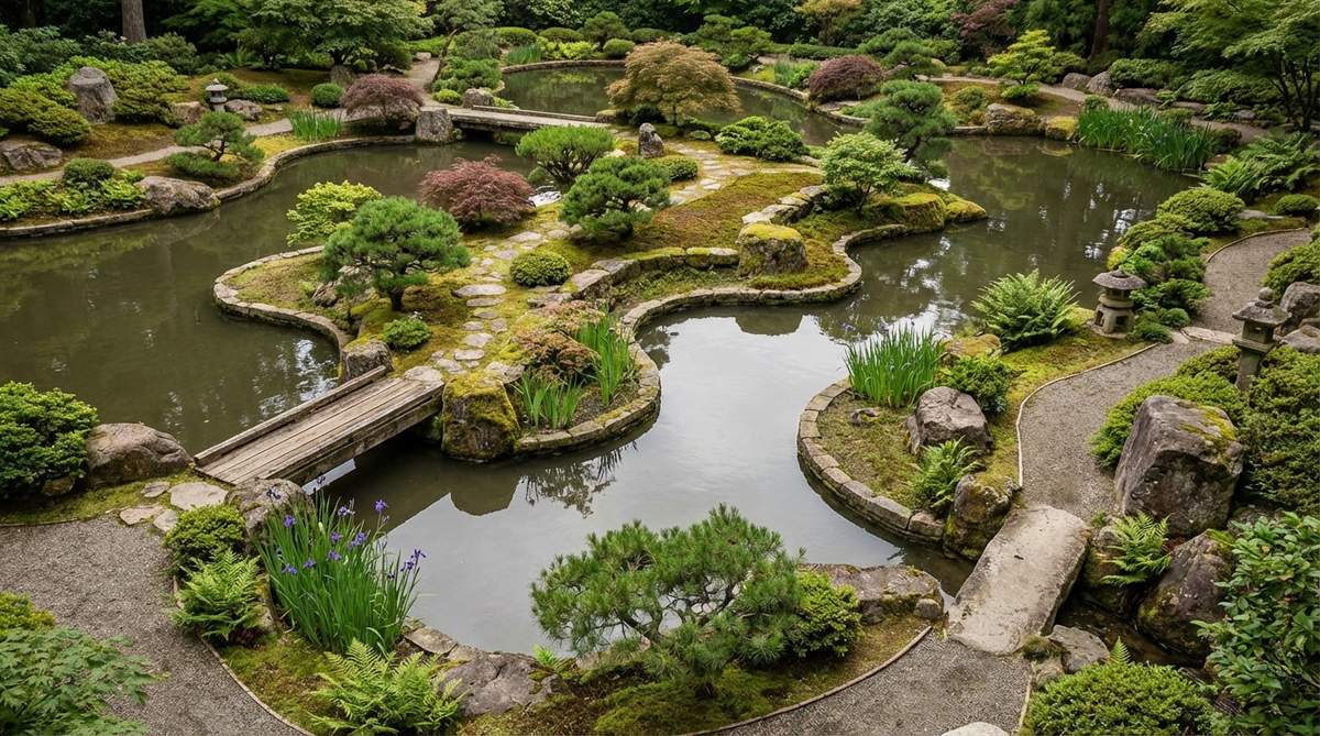 Illustration of a Japanese garden pond with intricate peninsula and bay shaping, showing land and water interlocking in complex jigsaw patterns. The design features alternating convex and concave curves along the shoreline, creating varied micro-environments and multiple planting opportunities, as described in the article about Japanese gardens.