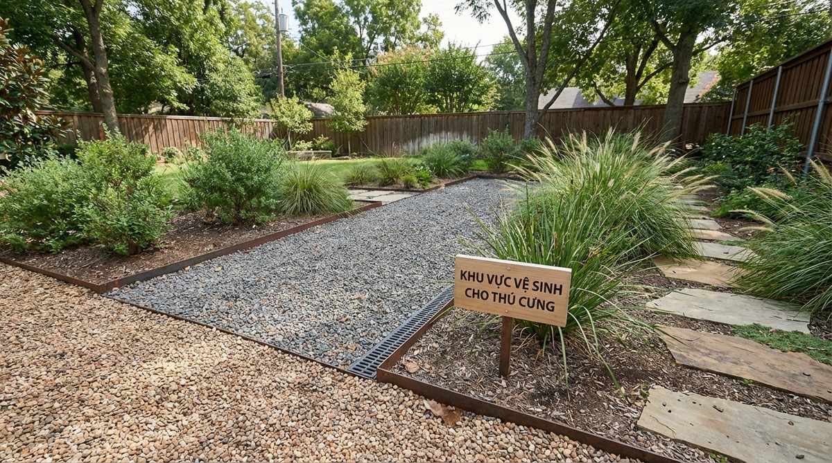 A designated gravel path for pet relief areas, showing layered crushed stone installation with proper drainage and edging for waste management and odor control.