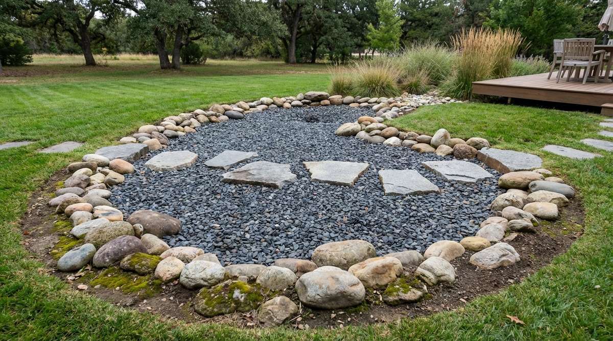 A Japanese garden feature showing a pool collection basin created with flat stones arranged in a depression, filled with dark gravel to create a water illusion. Worn river stones are positioned around the perimeter at varying heights to indicate the pool's edge, with smooth surfaces suggesting water presence over time.