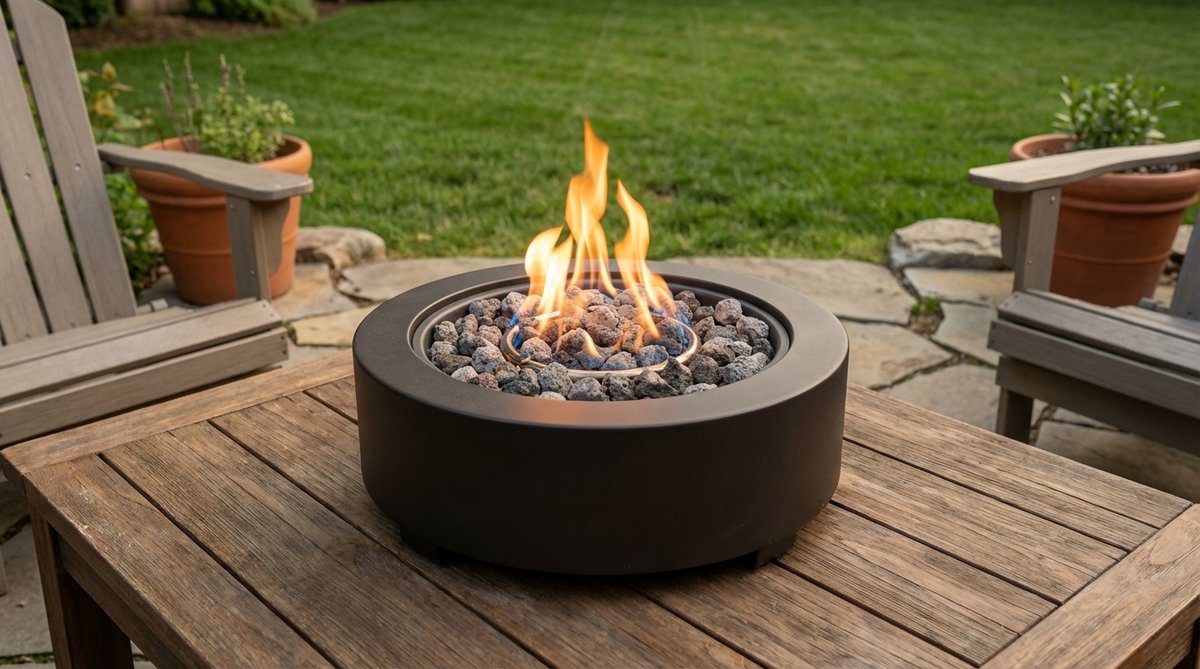 A compact tabletop propane fire pit with adjustable flames, surrounded by lava rocks or fire glass, providing instant warmth and ambiance without wood ash or smoke concerns, ideal for outdoor decorations on dining or side tables.